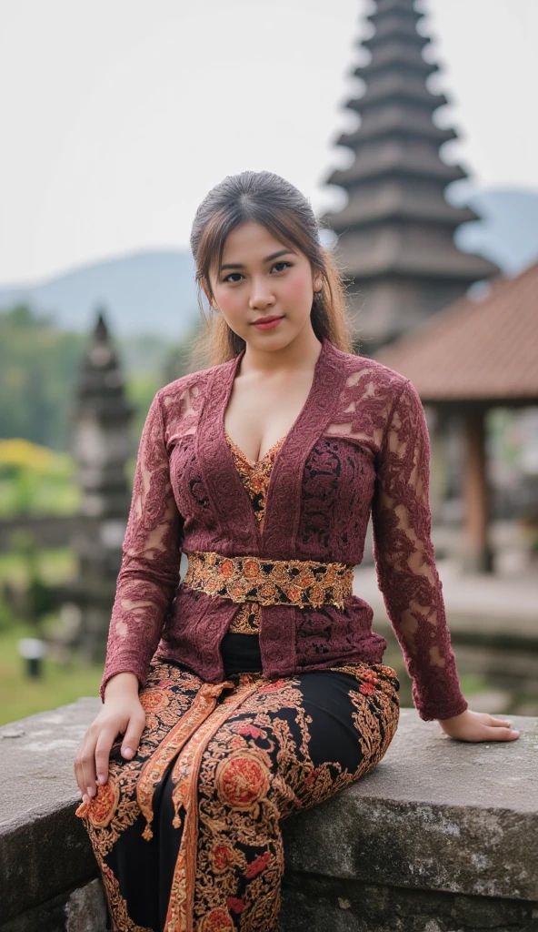 indonesian Hijab girl, sexy curvy body and big breast, wearing hijab and tight longsleeve unbuttoned see through kebaya bali, sitting on the rock infront of hindu temple as background details, look at the viewer, close up, upper body, natural light realistic photography, wide angle shot,