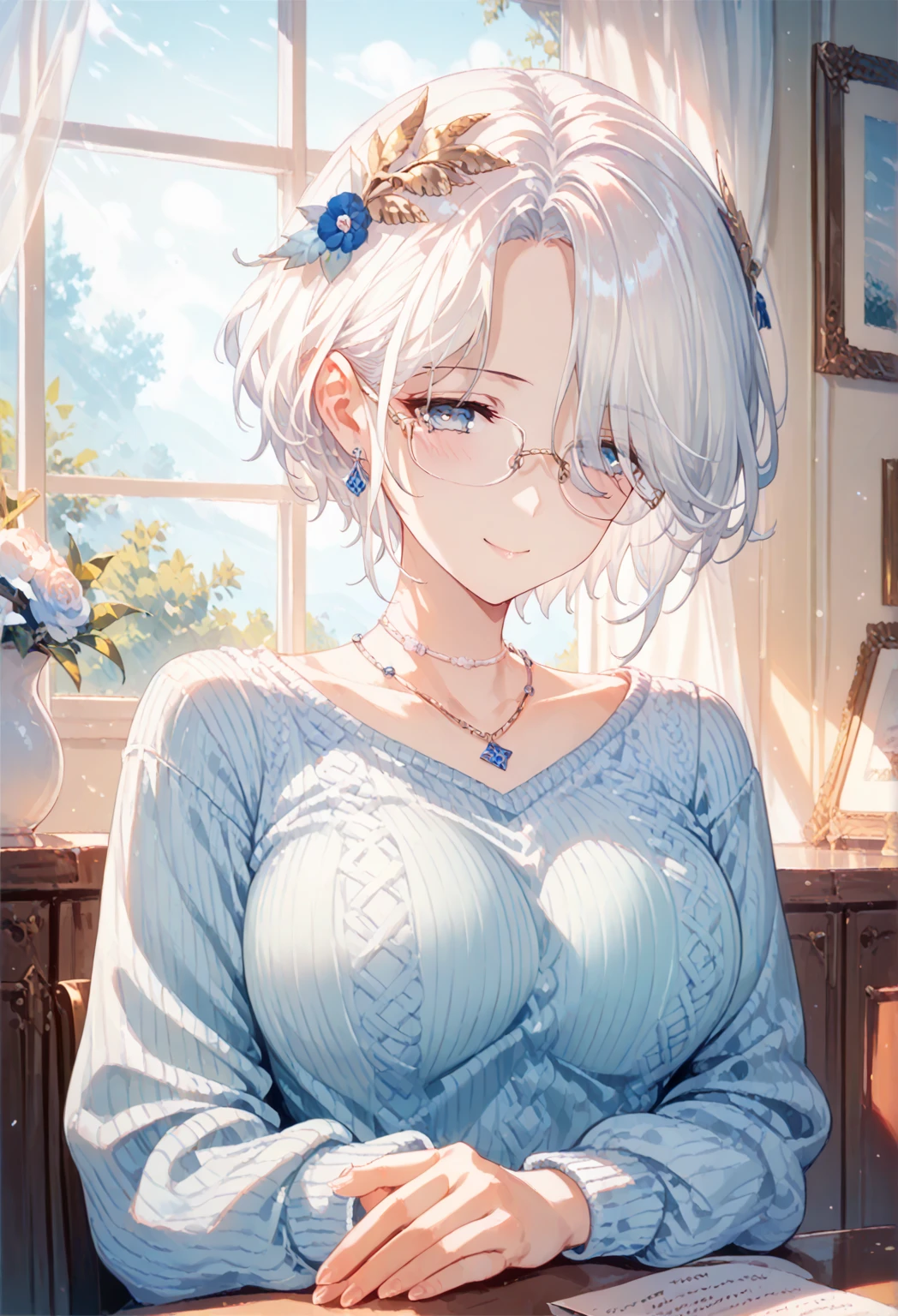 one girl, solo, best quality, masterpiece, 1girl, very aesthetic, big breast, 8K, 16K, beauty illustration, (blue eyes:1.2), (white hair|Detailed hair|short hair|shiny hair|curtained hair), (pastel blue sweater and skirt), POV,(sleepy, depressed, smile), dilated pupils, empty eyes, one mole under eye, hair over one eye, long sleeves, rimless eyewear WITH IRONFRAME, vintage room, window is open, beautiful neverending landscape is view from the window, 