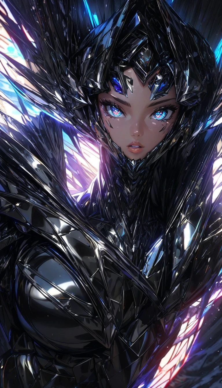 Hyperdetailed art, (holographic foil clothing), shiny, girl in a cybergoth outfit made of holographic foil, pastel colors, high details, expressive patterns, creative outcome, masterpiece, background made of crystal petals, a slime pond filled with gems, a labyrinth made of glass