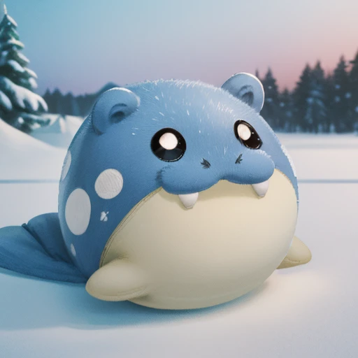  Snowfield、(((close up))) 、animal、Cute and fat、 futon、((( chibi))),spheal_pk、Round Head、A slippery body、Short Hand、Round ears、 round eyes、Smiling face、 illustration , no nose