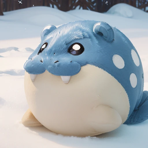  Snowfield、(((close up))) 、animal、Cute and fat、 futon、((( chibi))),spheal_pk、Round Head、A slippery body、Short Hand、Round ears、 round eyes、Smiling face、 illustration , no nose