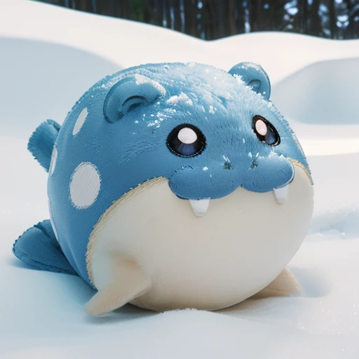  Snowfield、(((close up))) 、animal、Cute and fat、 futon、((( chibi))),spheal_pk、Round Head、A slippery body、Short Hand、Round ears、 round eyes、Smiling face、 illustration , no nose