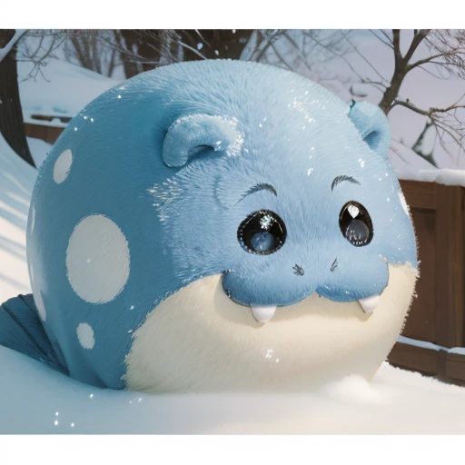  Snowfield、(((close up))) 、animal、Cute and fat、 futon、((( chibi))),spheal_pk、Round Head、A slippery body、Short Hand、Round ears、 round eyes、Smiling face、 illustration , no nose