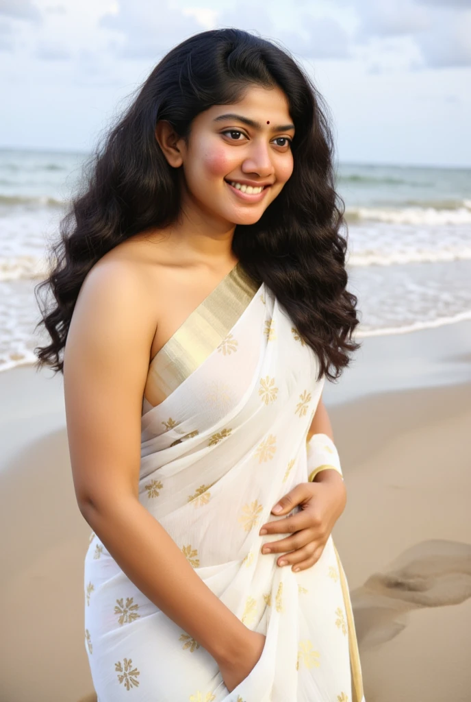 Indian girl portrait fair skin color wearing a white sari smiling with double curly hair, wearing gold jewellery, walking on the beach, grey color eyes, golden work on her dress