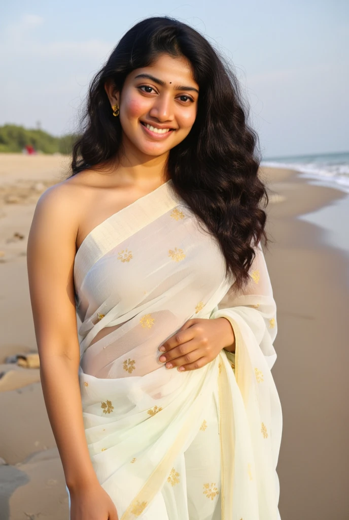 Indian girl portrait fair skin color wearing a white sari smiling with double curly hair, wearing gold jewellery, walking on the beach, grey color eyes, golden work on her dress