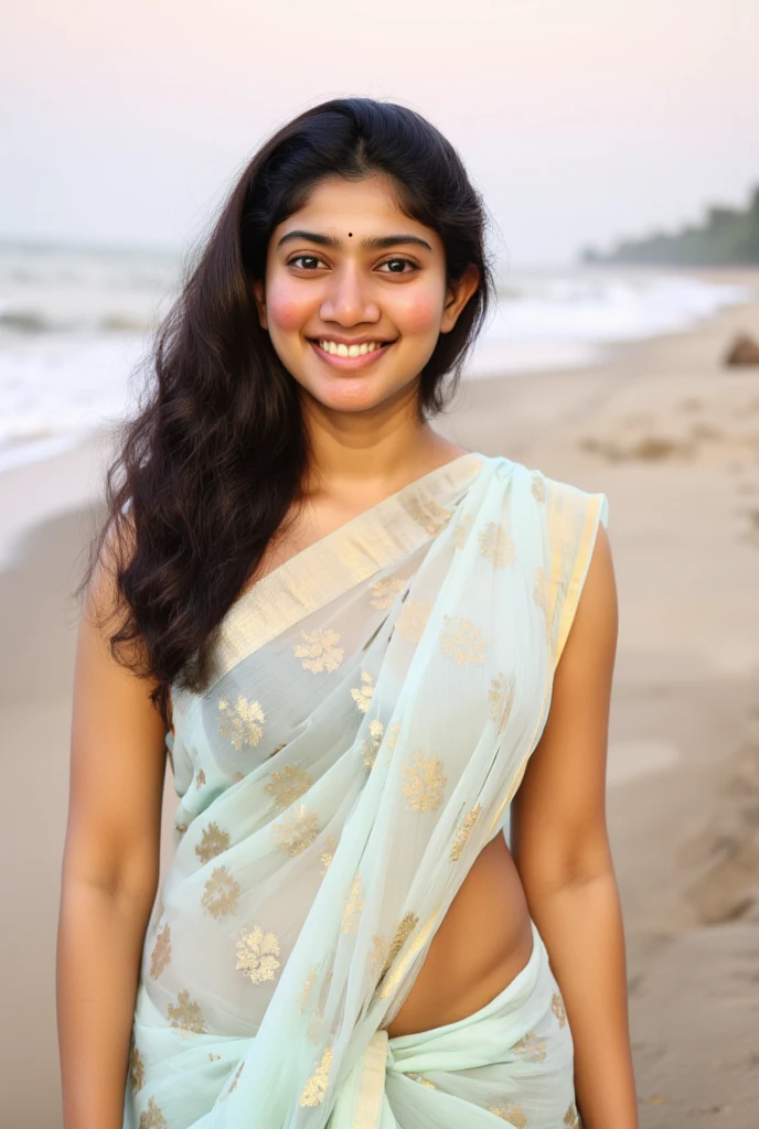 Indian girl portrait fair skin color wearing a white sari smiling with double curly hair, wearing gold jewellery, walking on the beach, grey color eyes, golden work on her dress