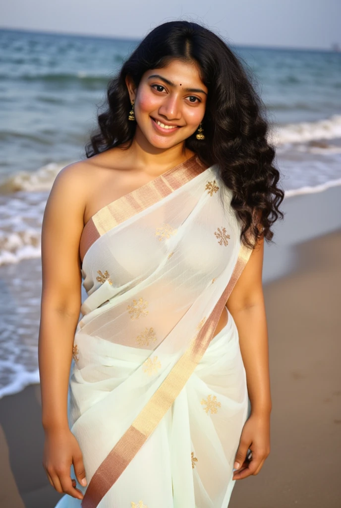 Indian girl portrait fair skin color wearing a white sari smiling with double curly hair, wearing gold jewellery, walking on the beach, grey color eyes, golden work on her dress