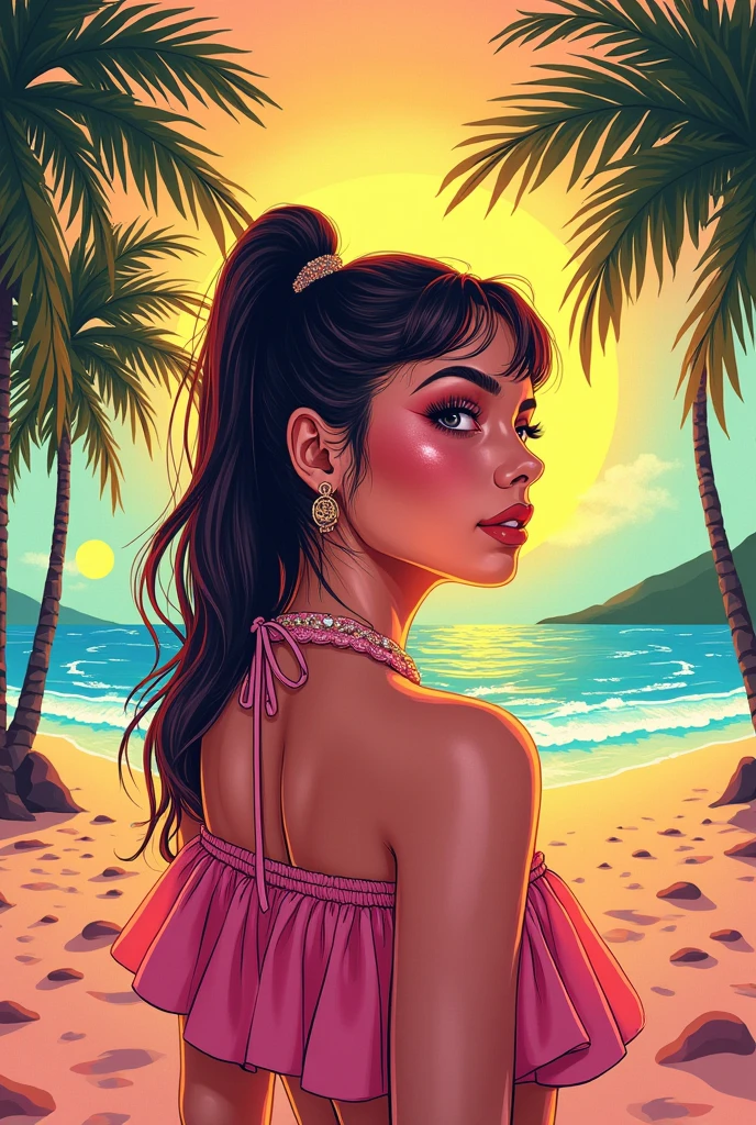 (best quality, high resolution, Super detailed, actual:1.37), Vaporwave aesthetic style Coca-Cola advertisement, 1 girl, Beautiful and delicate eyes,Beautiful and delicate lips,long black hair, wearing a straw hat,80s nostalgia, neon lights, Retro color, Retro CRT effect, Fault art, dreamy atmosphere, Palm tree, Sunset, Summer vibe, 3D rendering graphics, smooth surface, shiny metallic elements, Cyberpunk elements, pixel art, digital nostalgia, Cassette tape, VHS tape, lo-fi music, statuesque model, glass bottle, sparkling soda, Refreshing drink, tropical paradise, futuristic font, aesthetic vision.