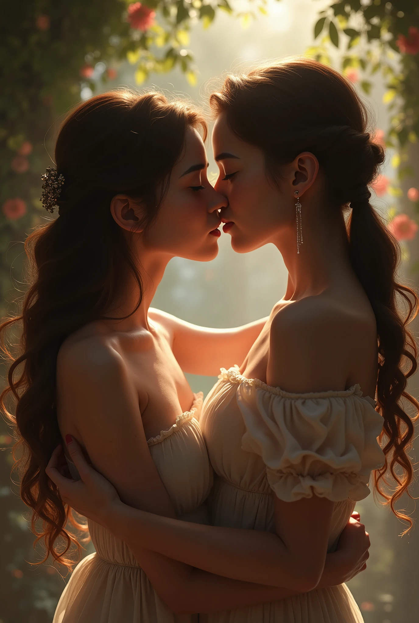 (best quality,4k,8k,highres,masterpiece:1.2),ultra-detailed,realistic:1.37,two girls kissing,long red sheer skirt,gr3ysh33r posing,beautiful detailed eyes,beautiful detailed lips,feminine and romantic atmosphere,gentle touch,soft lighting,vivid colors,romantic and intimate setting,subtle wind blowing the skirt,passionate expressions,delicate lace details,seductive and sensual embrace,dreamy and ethereal background,subdued tones,evoking love and desire,subtle blush on their cheeks,mystical and enchanting charm,whispering secrets,lost in the moment,artistic composition with dynamic angles,emotive and powerful connection,unforgettable and timeless scene,masterfully painted,impeccable attention to detail,magical and mesmerizing,artistic inspiration from Renaissance paintings,classic beauty with a modern twist,filled with love and longing,celebration of love's embrace.