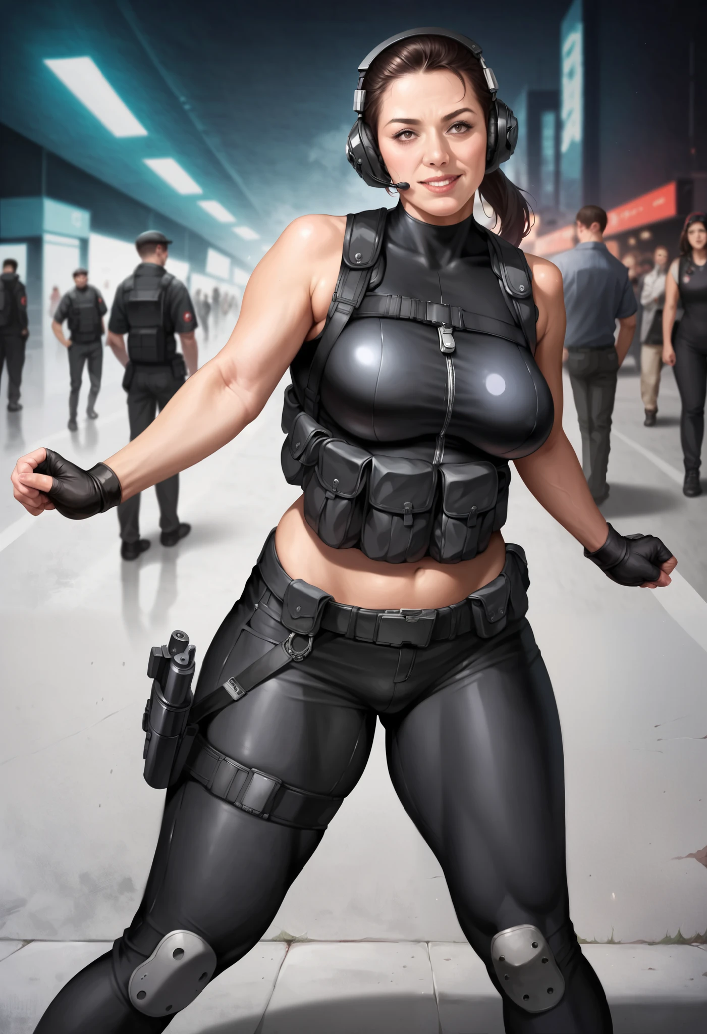 (Resident Evil 4+bloody:1.5), (full-body photo:1.65), (An elf woman and several zombies in the background:1.5), (she has gigantic breasts:1.5), (She's in Resident Evil 4+Leon's clothes with a black T-shirt+brown leather chorte+extremely tight on her body:1.4), (she's walking in a night town full of zombies:1.5),  (she has short brown hair:1.3), (she has blue eyes:1.3), (she's doing poses+for the viewer+holding an armada), Hyperrealism, 16k, best quality, high details, UHD