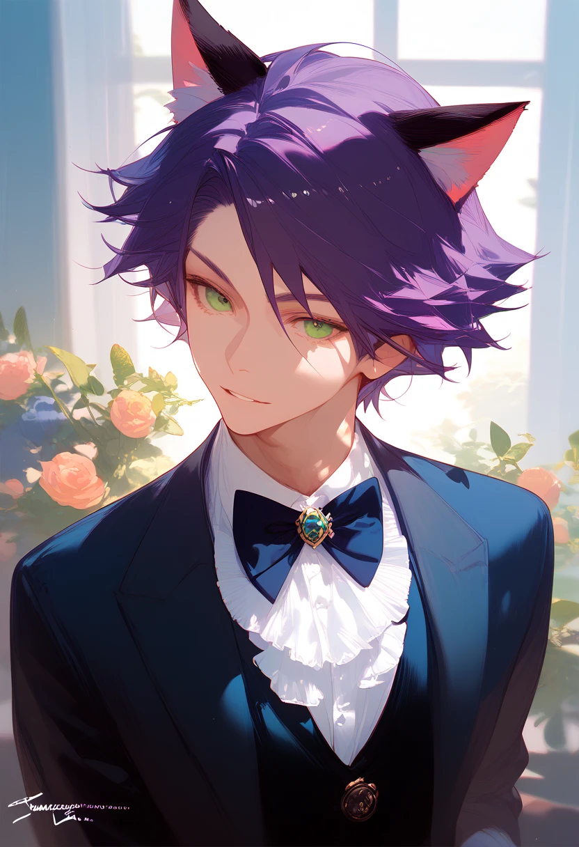 anime style boy, green eyes, cat eyes, short hair, dark purple hair, cat ears, funny expression, beautiful, ultra detailed, ultra quality, butler style.