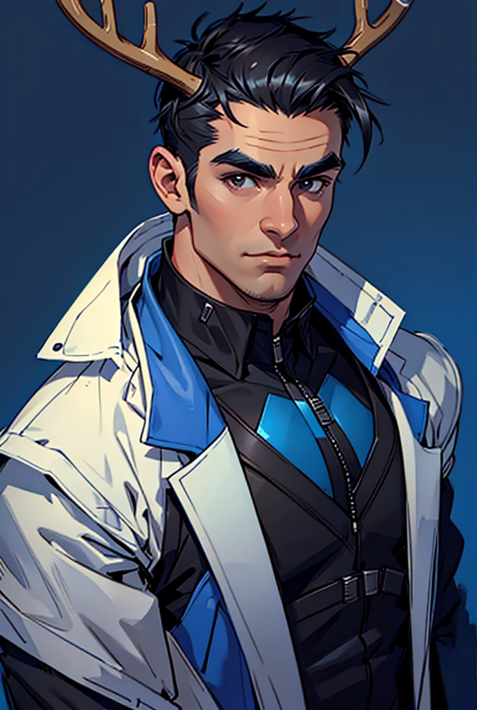 Overall face ， with blue short antler headgear on both sides， with metal decoration on the chin ，Thick eyebrows， dark haired， Hair dyed in black and blue，Black and blue suit ，Short to medium hair ， simple background ， Clean suit 