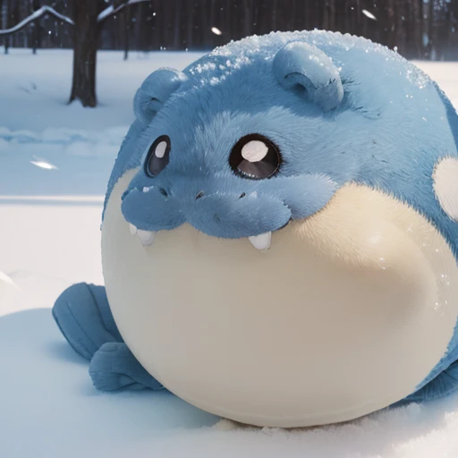 ((( long body)))、Snowfield、(((close up))) 、animal、Cute and fat、 futon、(((   chibi))),spheal_pk、Round Head、A slippery body、Short Hand、Round ears、 round eyes、Smiling face、 illustration , no nose