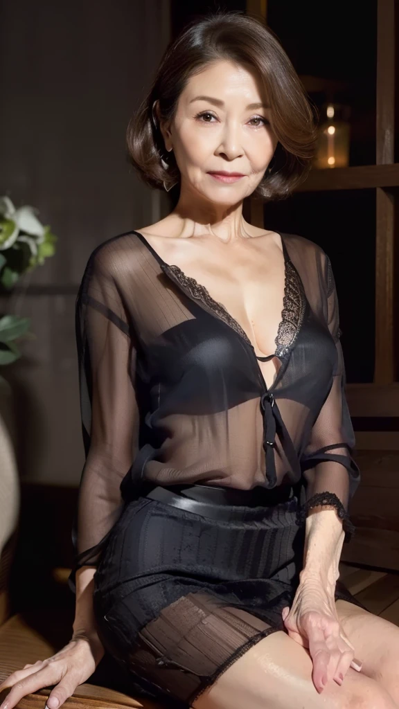 a Japanese old woman, 87 years old, curvy body, wearing fashionable sexy lingerie, smiling, beautiful wrinkled skin, short brown hair, elegant makeup.