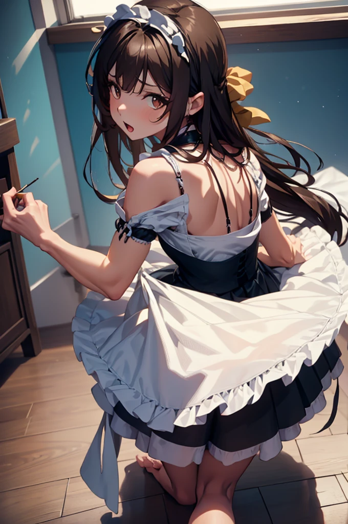 a beautiful ,sushang, long hair, twintails, darkbrown hair, medium breasts, hairclip, eye makeup ,open mouth wearing a japan maid dress ,solo,maid headdress,looking at viewer,apron,brown hair,indoors,black hair,bare foot,feet focus,two feet,from behind,depth of field,in on a bed , in a bedroom in a house at night time.