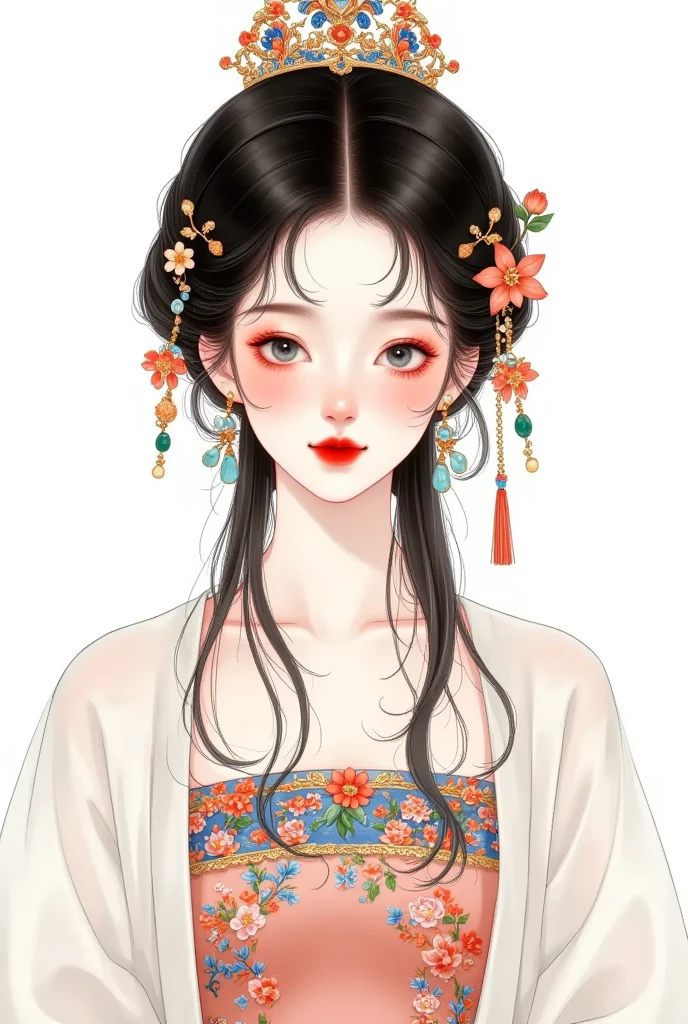 1 Girl,bead,black eyes, dark haired,, Chinese Clothes ,Shut up,skirt,earrings,gem,Jewelry,Lips,Lipstick,Long sleeve, View Audience,cosmetic,red Lips, Smile, unique ,tassel, upper body