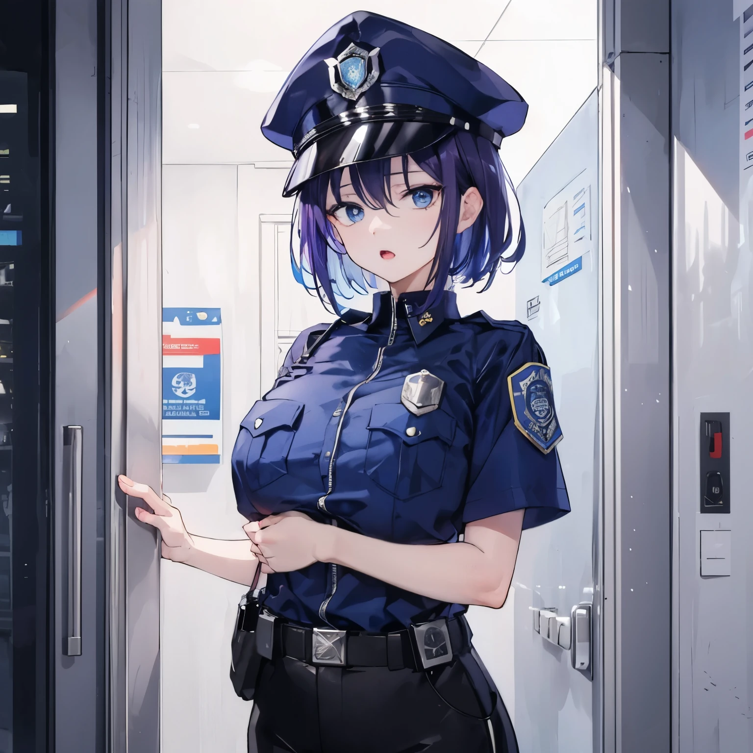 (Tired expression, drooping eyes, open mouth, Slumped shoulders), 1 girl, upper body, (facing viewer, looking viewer), (blue eyes), ((sanpaku)), (purple hair, straight hair, very short hair, large breast), ((police cap, navy police shirt, black pants)), ((front of elevator)), Sharp Focus, (Best Quality, masterpiece, detailed, facial focus), (solo shot), standing straight, police officer