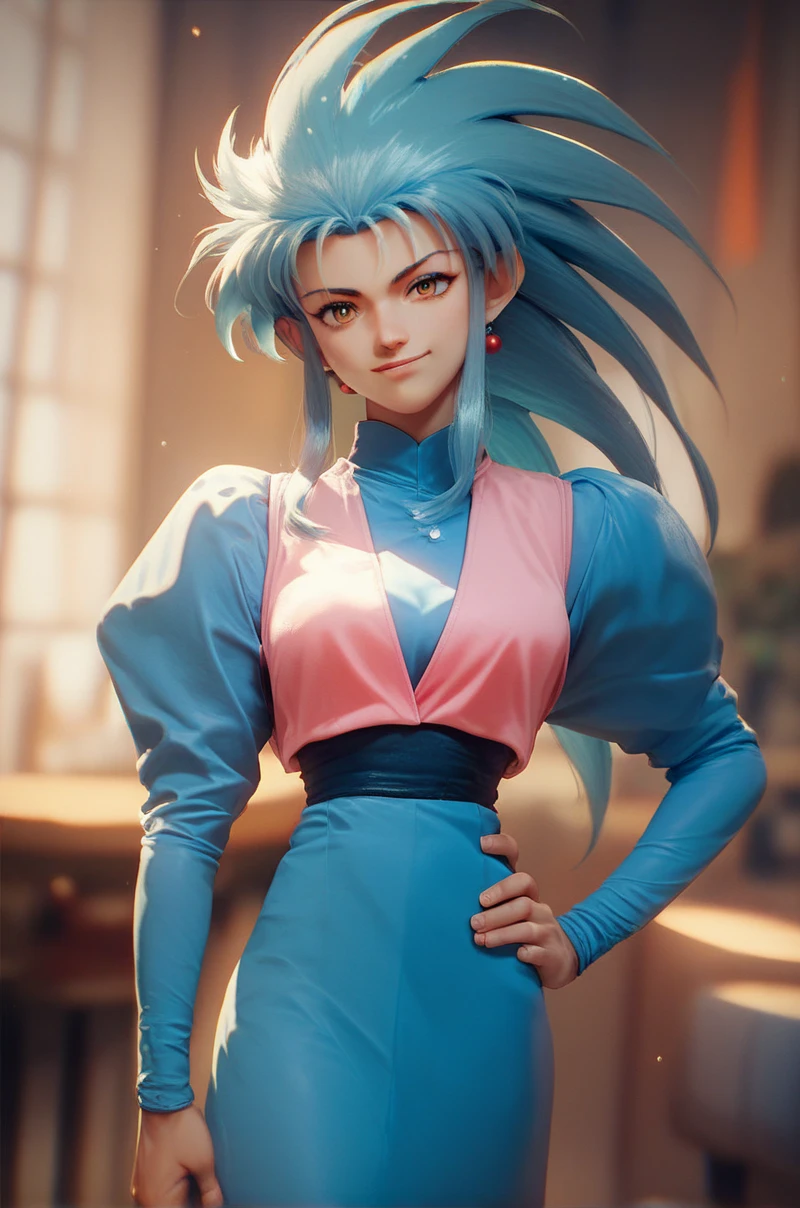 score_9, score_8_up, score_7_up, score_6_up, 1girl, ryouko \(tenchi muyou!\), blue dress, pink vest, long sleeves, medium breasts, hand on hip, looking at viewer, blurry background
