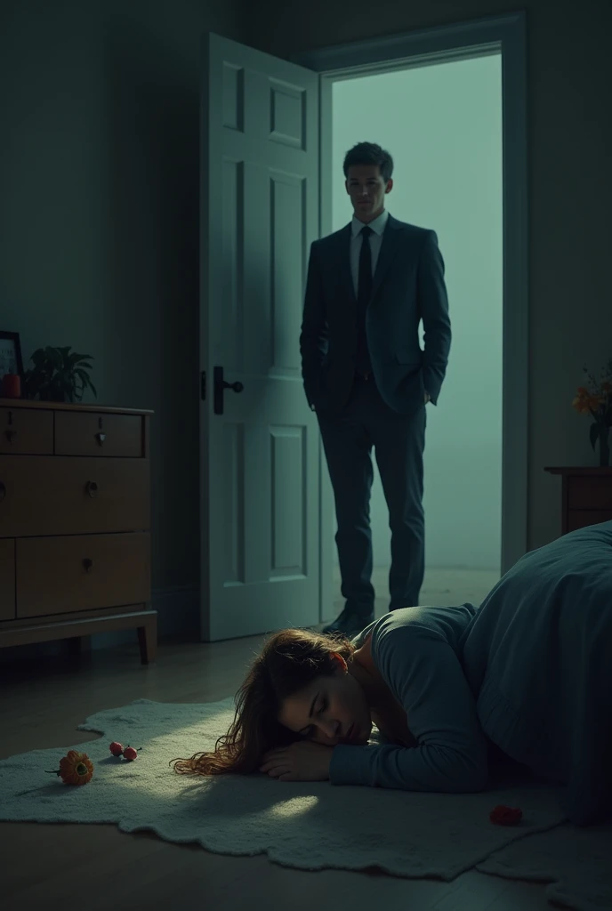 Man inside hotel room, with ghost woman