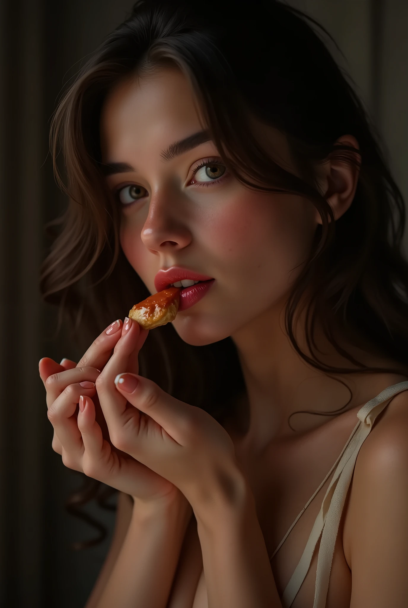 a woman eating meat, detailed mouth, close-up, realistic lighting, cinematic composition, (best quality,4k,8k,highres,masterpiece:1.2),ultra-detailed,(realistic,photorealistic,photo-realistic:1.37),HDR,studio lighting,extremely detailed face and expression,professional,vibrant colors,dramatic lighting,photorealistic,extremely detailed eyes,beautiful detailed lips,detailed facial features