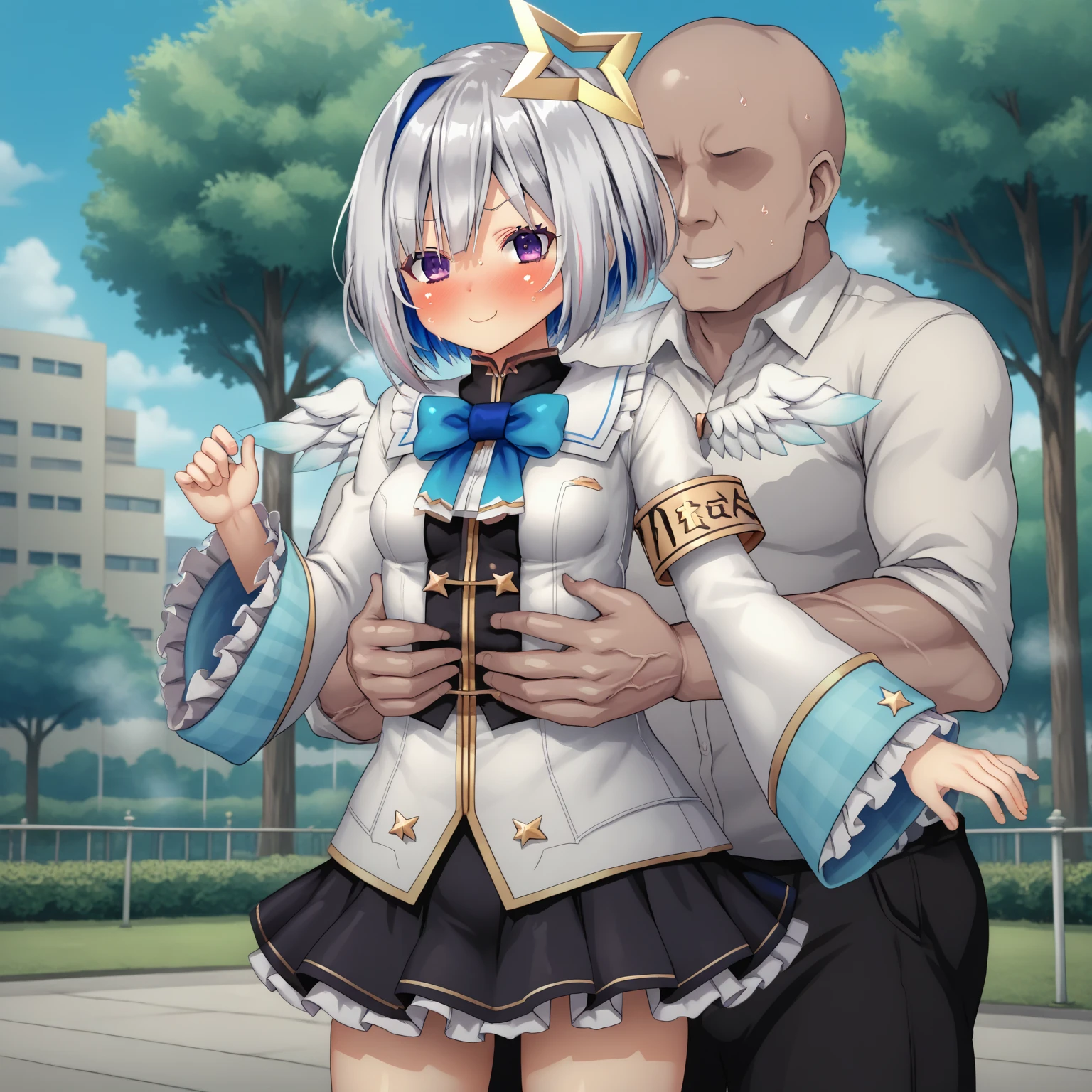 score_9, score_8_up, score_7_up, uncensored, source_anime, masterpiece, best quality, anime screencap,source_anime, anatomically correct,
2humans,height difference,petite, giant,5 fingers,
BREAK 1boy,(tall),heavy,muscular,grab 1 breast,dark skin,faceless male,
BREAK 1girl,short girl,kanatan_nml,star halo,angel wings,armband,bow,frills,wide sleeves,mini skirt,multicolored hair,single hair intake,purple eyes,silver hair,black skirt,cowboy shot,contrapposto looking at viewer, full face blush,forced smile,furrowed eyebrows,half closed eyes,steaming efects,steaming body,sweat,park, trees, sky,perky breasts,torpade tits,small breasts
