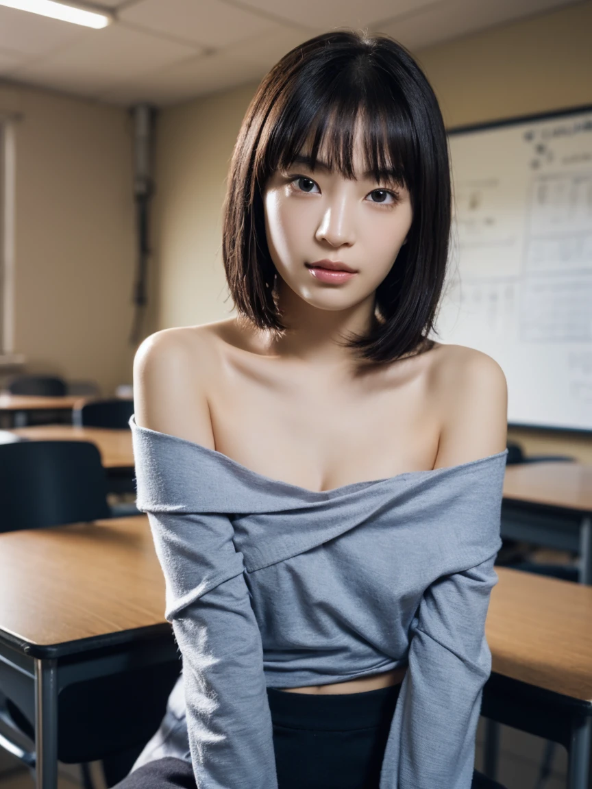 (8K, RAW photo:1.2),delicate face and eyes,最high quality, ultra high resolution, very detailed ,intricate details ,table top , Beautiful woman, wearing a t-shirt, sharp focus,soft light like a movie, hyper detail,sharp focus, high quality,chest comes out,bob cut,black hair,NSFW, smile, zettai ryouiki, skirt, sit on a chair, spread your legs, show panties