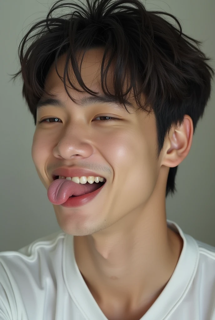 masterpiece, ultra quality, high resolution, 8k, intricate: 1.2), (detailed face:1.2), handsome, Young Korean man ,white skin, double eyelids , detailed skin, 1boy, ((realistic)), abs, good lighting quality, muscle veins, ((pale skin)),(8K, RAW photo, Highest quality),Realistic,frontage,Intricate details,opened mouth,Extremely detailed eyes and eyelashes,Muscular male,Manly,Exposing the pectoral muscles,Exposing abs,white thong panties,,Soft lighting,Cinematic lighting,Portrait,Close-up,Lovingly,((good light quality)), 1boy, ahg, rolling eyes, tongue,cowboy shot,, smile, saliva, solo, sweat, drooling,