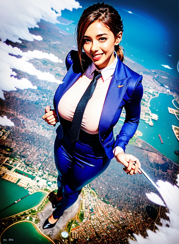 Giantess art, (towering over a planet 1000’s of miles tall) bbw giant schoolgirl in distance walking across a planet, young women with beautiful curves, massive thighs, ginger hair, lipstick, wearing a red pinstripe trouser suit and blazer, crisp white shirt with large collar, shirt covering breasts, large blade width Windsor knot black necktie, with massive breasts. She is wearing smart working high heels and standing on a miniature planet with tiny cities, with massive cities no bigger than her feet, smiling with her huge breasts. This image is highly detailed, photorealistic, best quality, a masterpiece, with cinematic lighting, ultra-detailed, long ponytail hair with front bangs, high altitude photography, satellite view, a curvy figure, heaving bosom, legs, a stepping on mulitple mega city,, destruction, buildings, roads, a cloudy, overcast, hazy atmosphere, and wispy clouds. Seen from orbit