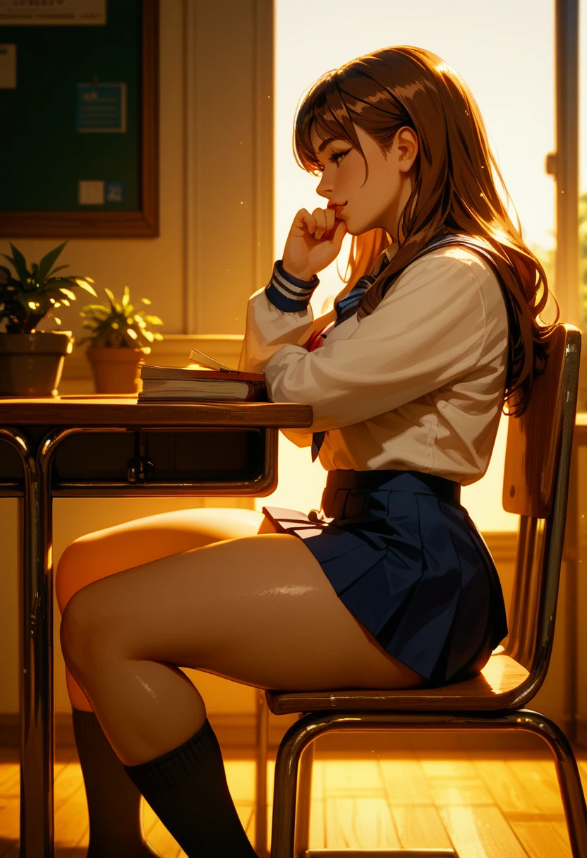 1 girl,  student costume,  very short skirt  ,socks,  Side view,Push butt , reclining on table ,  illuminated by afternoon sunlight,  long brown hair ,hand on chin,  thick thighs ,  best quality 