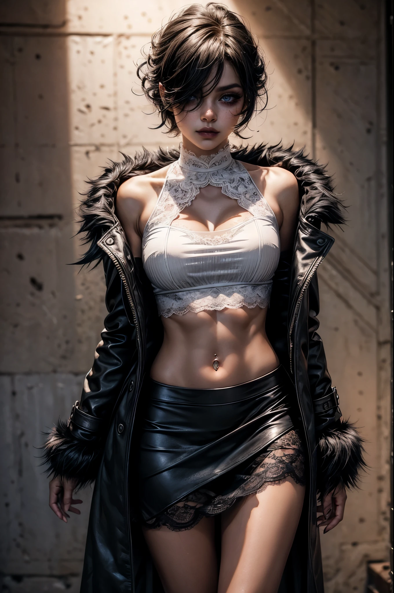 lora_Emma, a girl with short black curly hair, wearing a long multi-layer raffled asymmetric low-leg flared leather skirt, ((white lace top)), wearing open black long leather trench coat with fur cuffs and fur collar, long fingerless leather gloves, detailed facial features, bare belly, (navel piercing), cleavage, black nail polish, hair over one eye, beautiful eyes, cute expression, glamorous makeup, dramatic lighting, photorealistic, highly detailed, 1girl, beautiful detailed eyes, beautiful detailed lips, extremely detailed eyes and face, long eyelashes, high fashion, edgy, dark and moody, intense, cinematic, chiaroscuro lighting, cinematic composition, stunning, mesmerizing, sunlight, dynamic pose, cinematic lighting, photorealistic, 8k, high quality, digital painting, concept art, cowboy shot, standing inside empty home