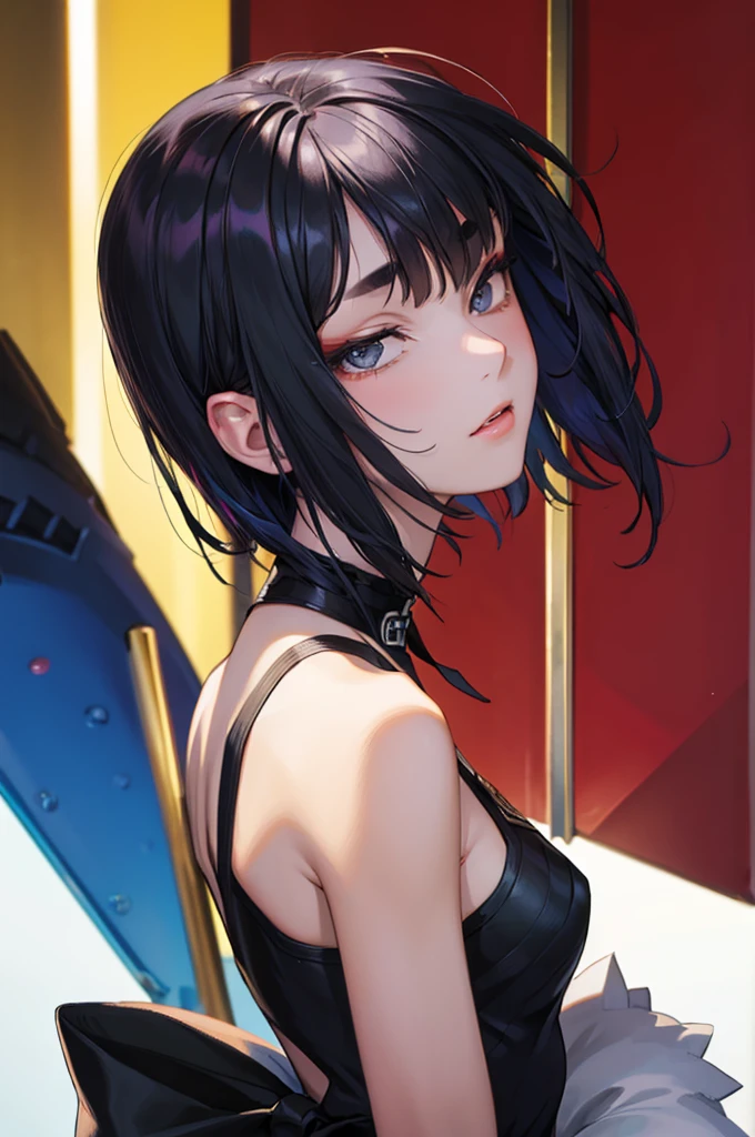 there is a picture of a male with female type hair like hair, solo, 1girl, black hair, looking at viewer, upper body, short hair, sleeveless, bare shoulders, from side