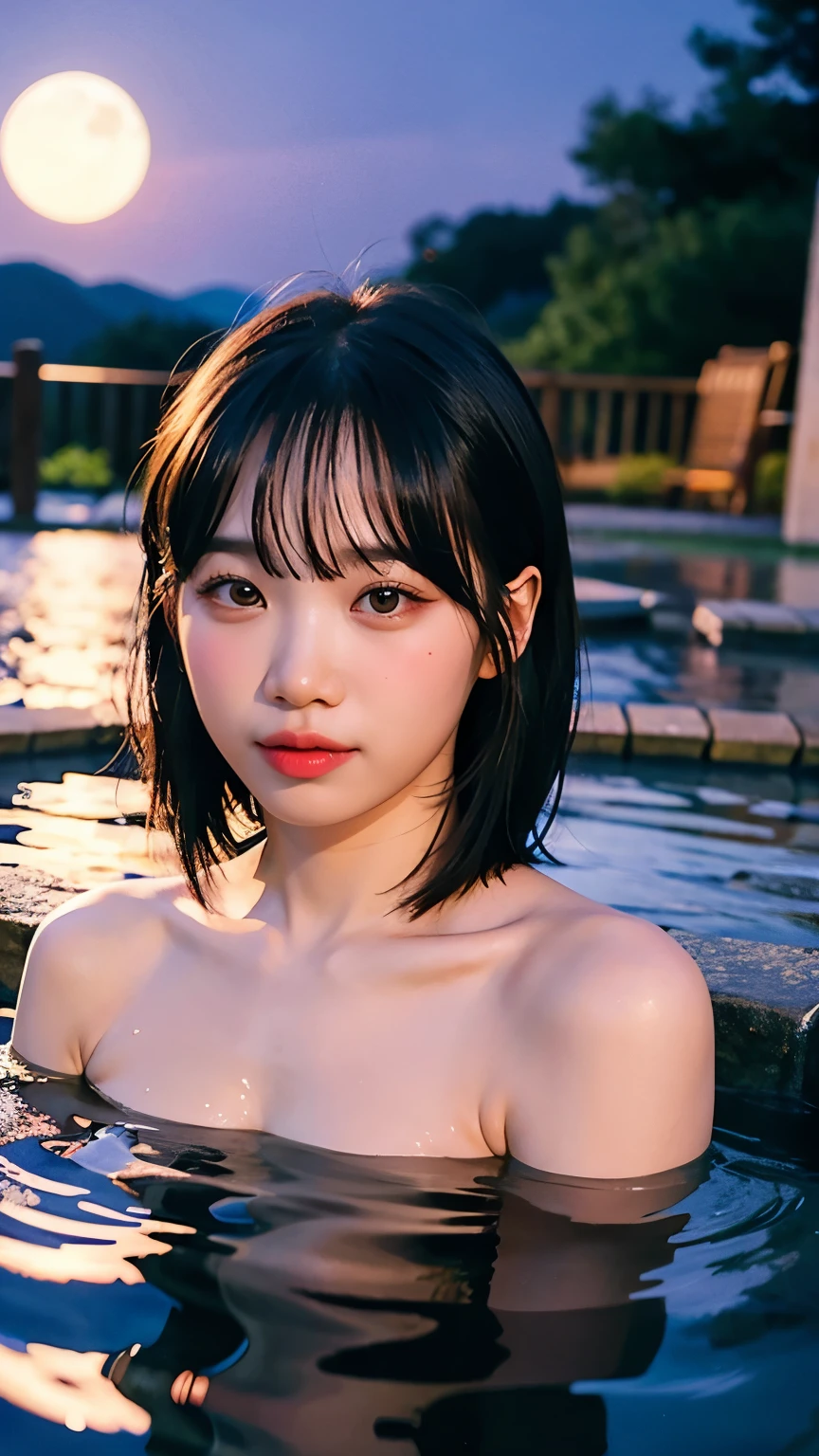 A gorgeous woman bathes in a secluded onsen under the soft glow of a full moon. The clear night sky is filled with stars, and the light reflects on the rippling water. Her hair is slightly damp, framing her face as she gazes thoughtfully at the moon. Surrounding her are natural rocks and bamboo, adding to the tranquil ambiance.,bob hair