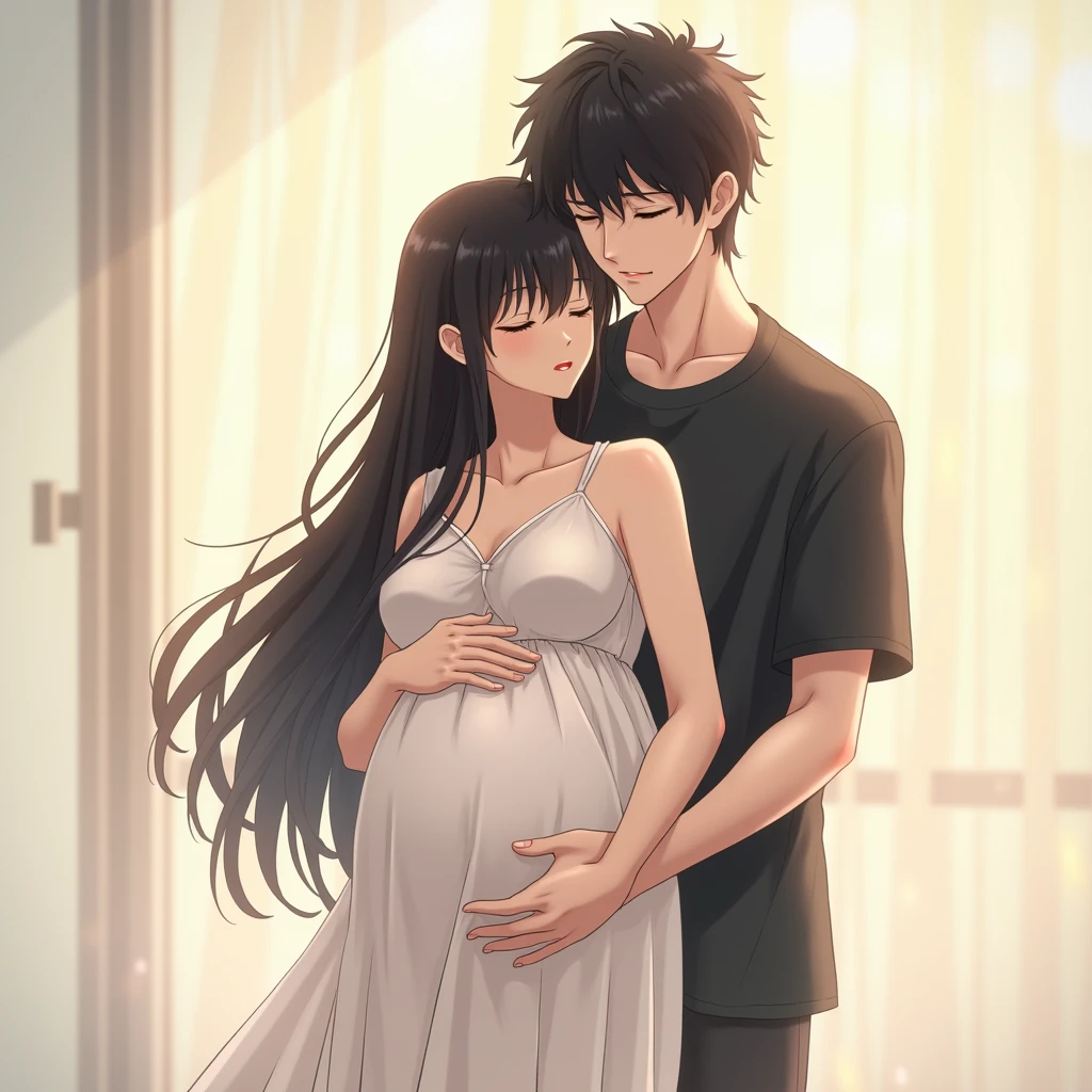 Create an image where minamiya akatsuki from the anime strike the blod is pregnant with kojou by her side 