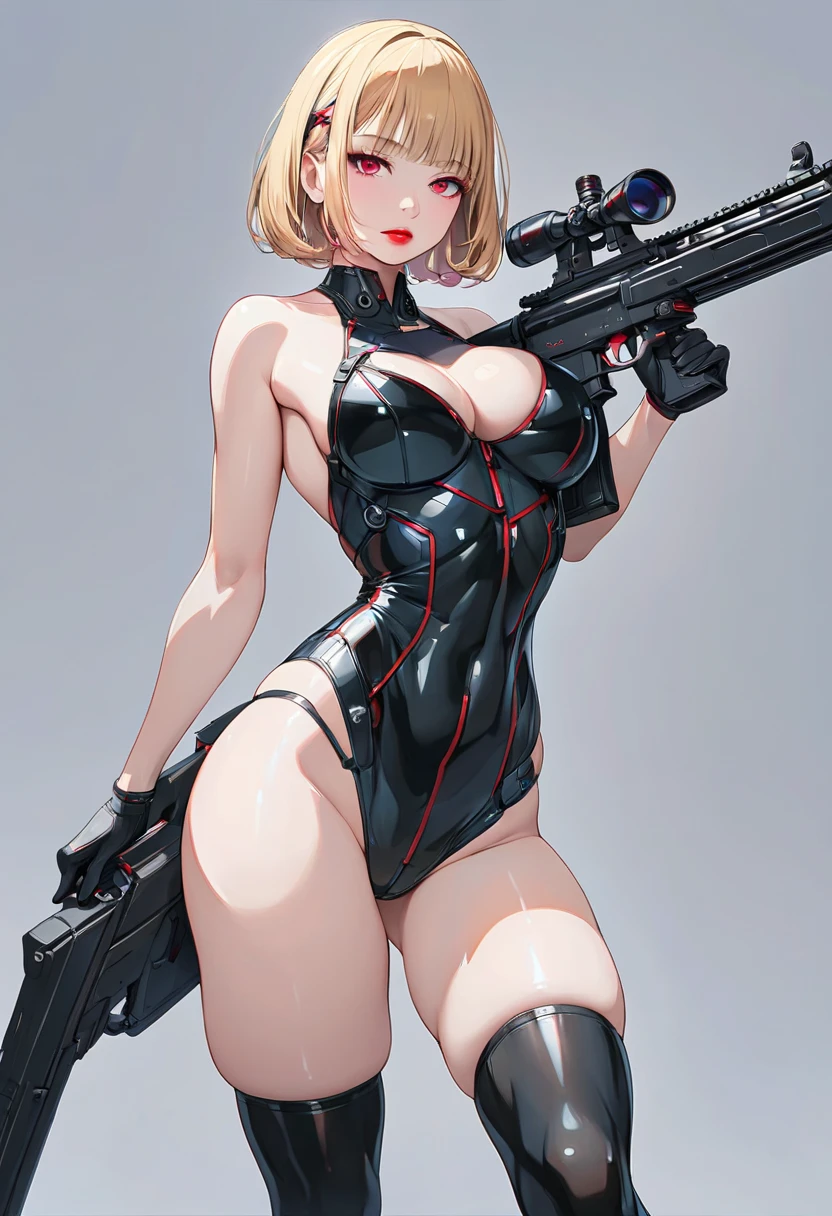 (masterpiece,  best quality :1.2,UHD,High Resolution,Detailed depiction)、 a spy girl 、 sexy lips、 slightly pale red lipstick 、Blonde Bob、 dull bangs、Red Striped Hair 、A sniper gun in her hand 、 holding a weapon 、An revealing black rubber suit that is open all the way to the chest、Black knee-highs