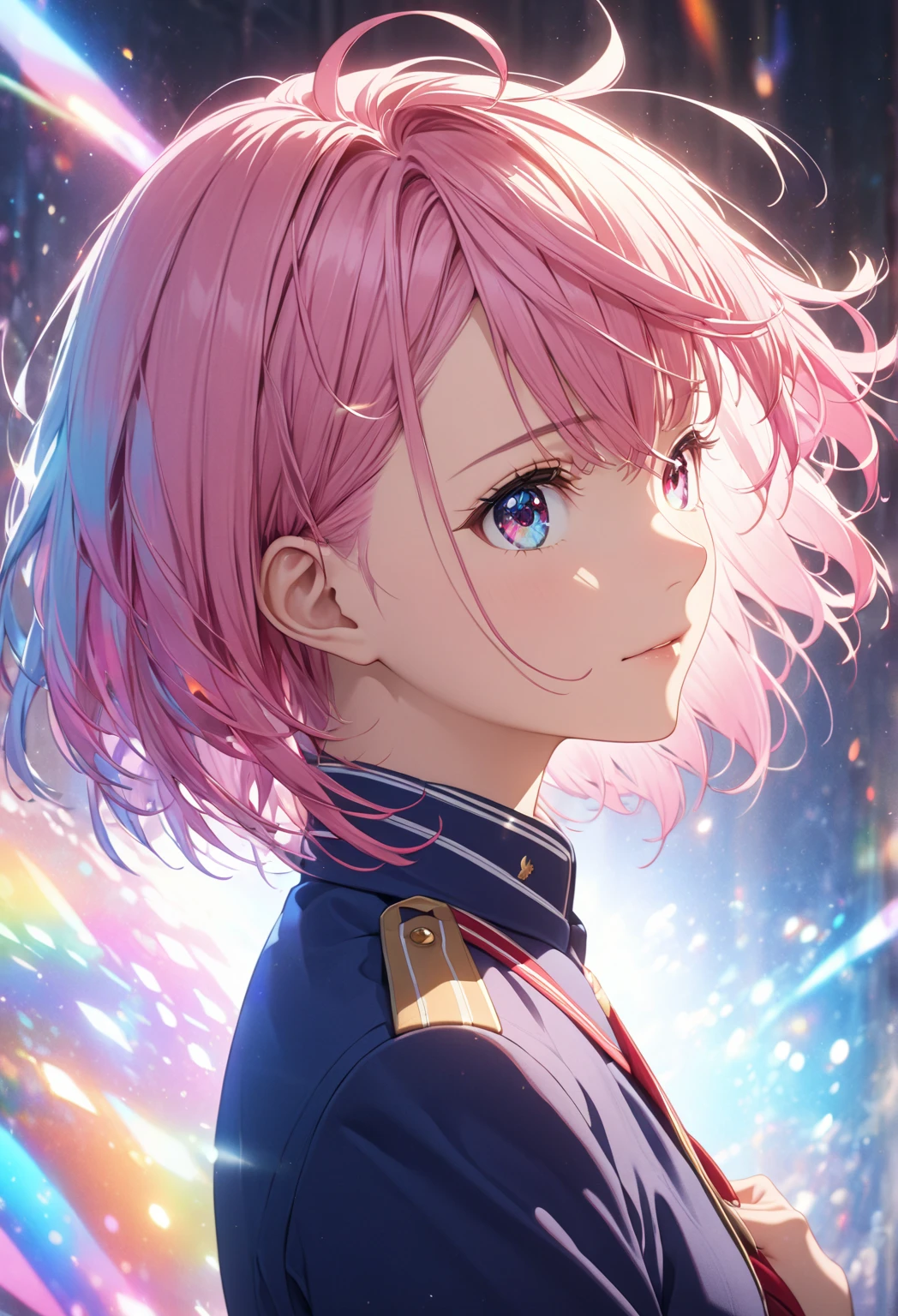 {{  Masterpiece }},  best quality,  extremely detailed CG Unity 8K wallpaper ,  movie-like lighting,  lens flare ,  beautiful details eye , Sideways glance,  colorful  light, particle, ( colorful :1.5),  ( Details of the texture of human skin with asymmetrical short hair ),    smooth pink hair, Ahoge, Gestures to fix hair  ,Navy blue uniform, 