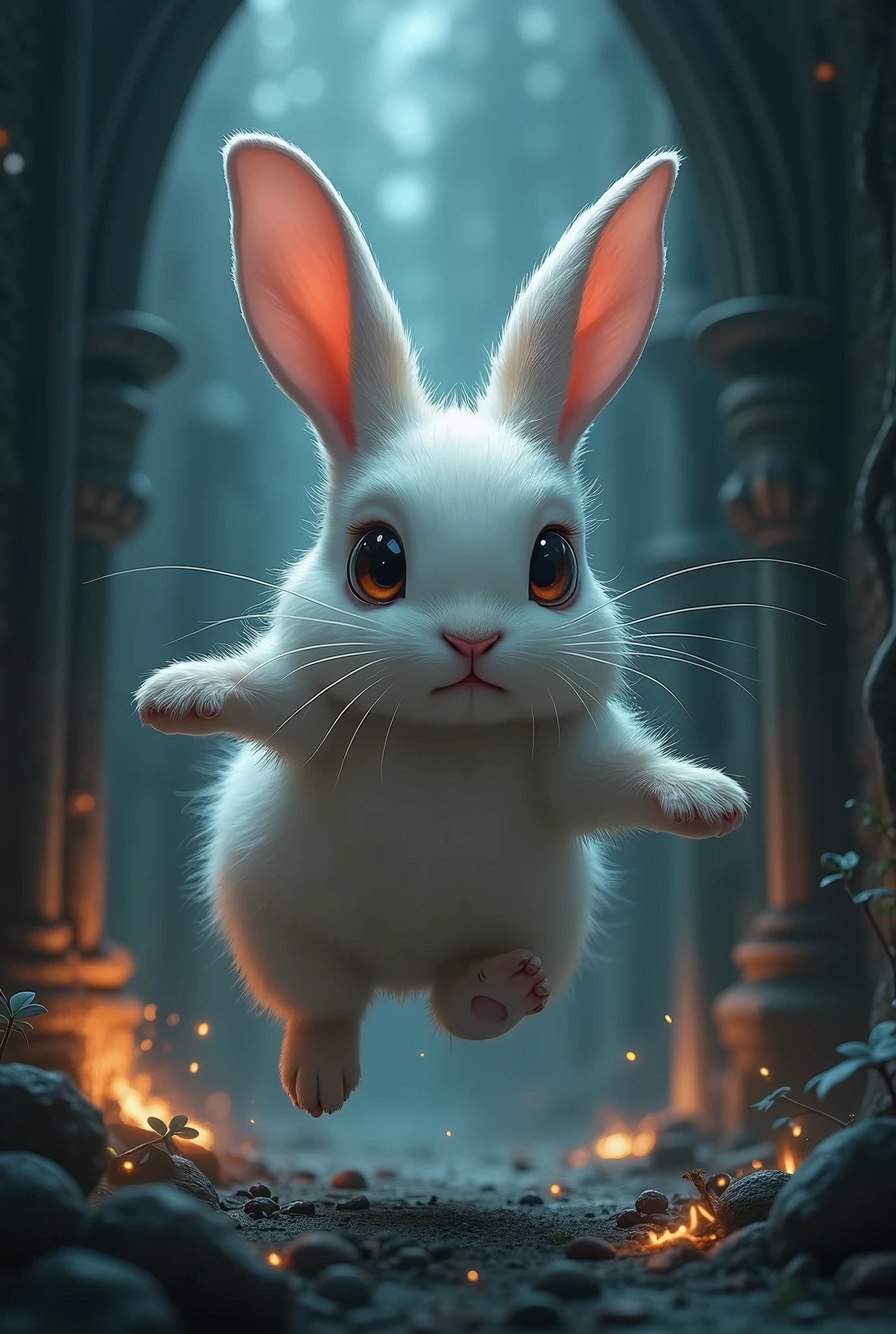 The cutest rabbit in the world、Fall into Darkness、 dark gothic style、Illustration incorporating glow effects