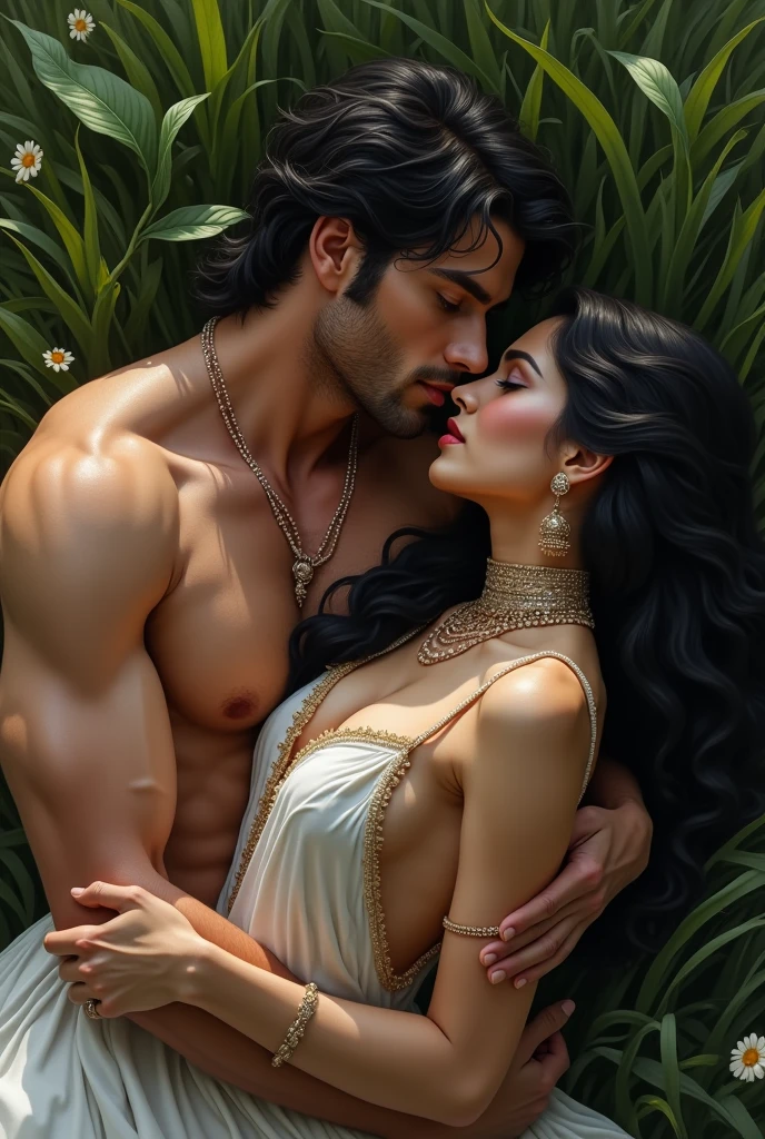 Draw a highly detailed, a muscular indian queen feeding her breast milk to a man who lying in her lap, unconscious
