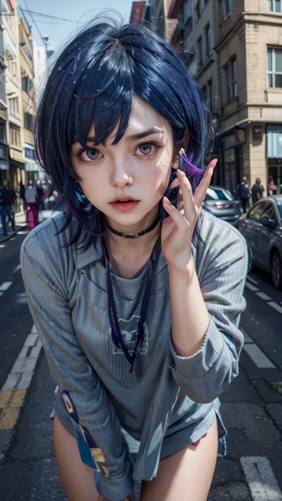 masterpeace, best quality, highres, 1girl, solo, fang, blue hair, skin fang, short hair, mole on thigh, bangs, hair behind ear, purple eyes, hair ornament, street, waving,