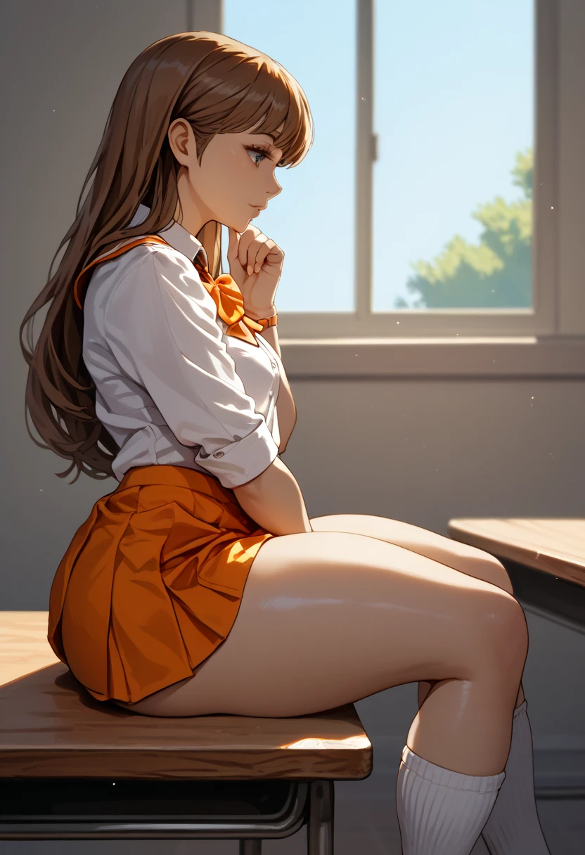 1 girl,  student costume,  very short skirt  ,socks,  Side view,Push butt , reclining on table ,  illuminated by afternoon sunlight,  long brown hair ,hand on chin,  thick thighs ,  best quality 