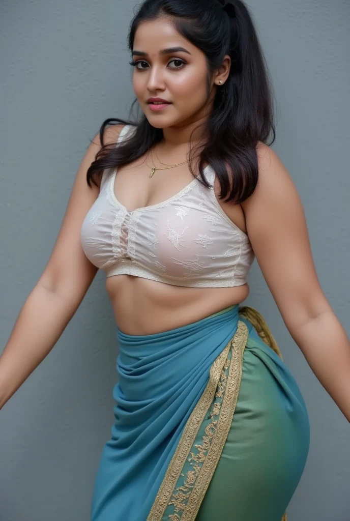 Indian woman masterpiece, best quality, ultra-detailed, (warm hue, warm tone: 1.2), Full-Back Coverage Bra Hides Back Fat & Side blouse Fat, Women Deep Cup blouse, Sports Comfortable Indian Women's backside blouse, 20 years old, (chubby cheeks:1.1), (curvy body:1.2), (eyeglasses), (bindi), An Indian beauty, charismatic, light Indian- skin, view the viewer, naughty smile, Indian village, cinematic light, side lighting, ultra high resolution, best shadow, RAW, seductive look, 4k