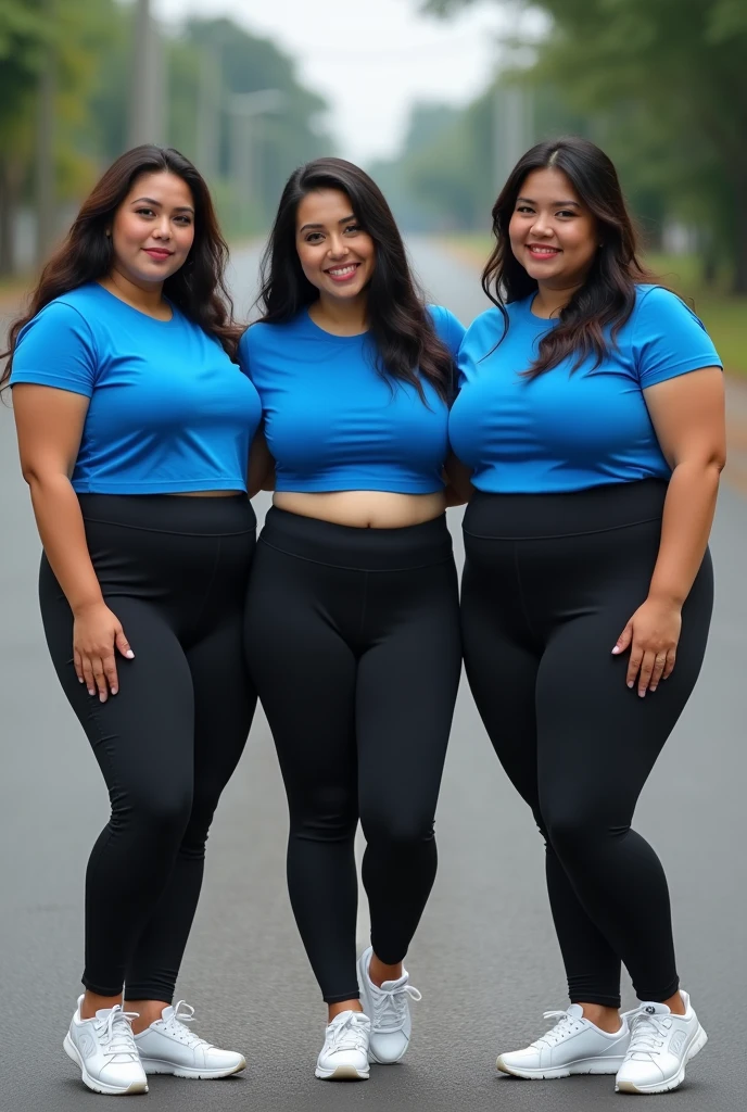 (Realistic photo 1:1) Indonesian woman aged 40 years, sportswear, outdoor, fat, big breasts, big waist, big butt, doesn't look sexy, smiles happily, sports shoes, sportswear, black sports pants.