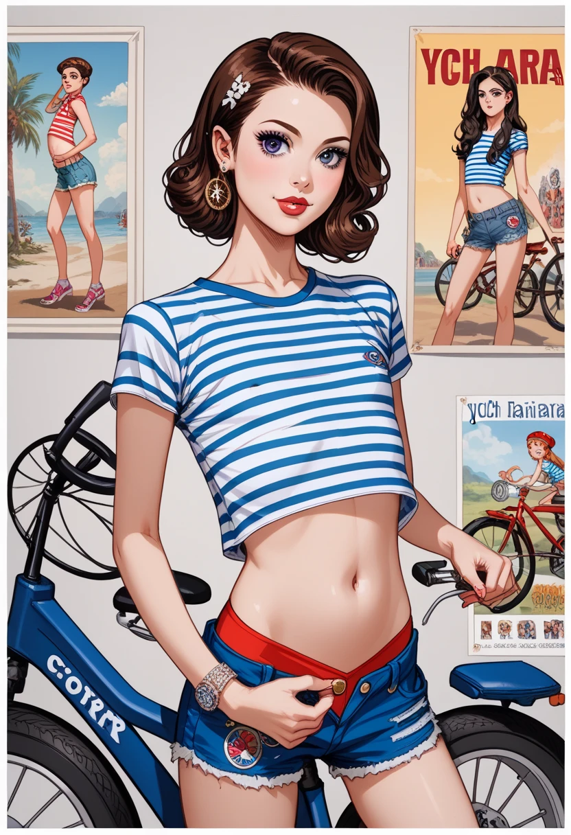  crooked woman in high-waisted shorts and striped shirt riding a bike, fine arts, pinup, Poster, 50&#39;s style, pin - up, pin-up, corpo pinup, pinup girl, vintage Poster, 50s retro style , Poster girl, sophia loren, photo of sophia loren, young sophia loren, Your bike has two wheels ,  the rear wheel of the bicycle takes up most of the frame in the foreground of the image,

(nsfw:0.55), ((flat chest, flat belly,  baby face )), (intense colors)