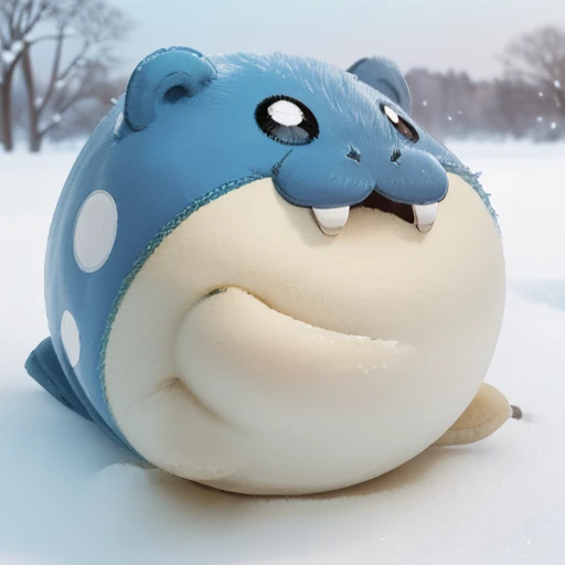 掌に乗る、Snowfield、(((close up))) 、animal、Cute and fat、 futon、(((     chibi))),spheal_pk、Round Head、A slippery body、Short Hand、Round ears、 round eyes、Smiling face、 illustration , no nose、