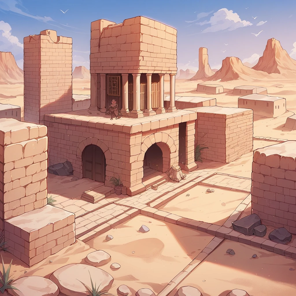 desert, A building buried in sand, stone brick, weathered buildings, A masonry face half buried in sand, A cobblestone road that has been weathered and buried in the desert, anime, UHD, anatomically correct, high details, best quality