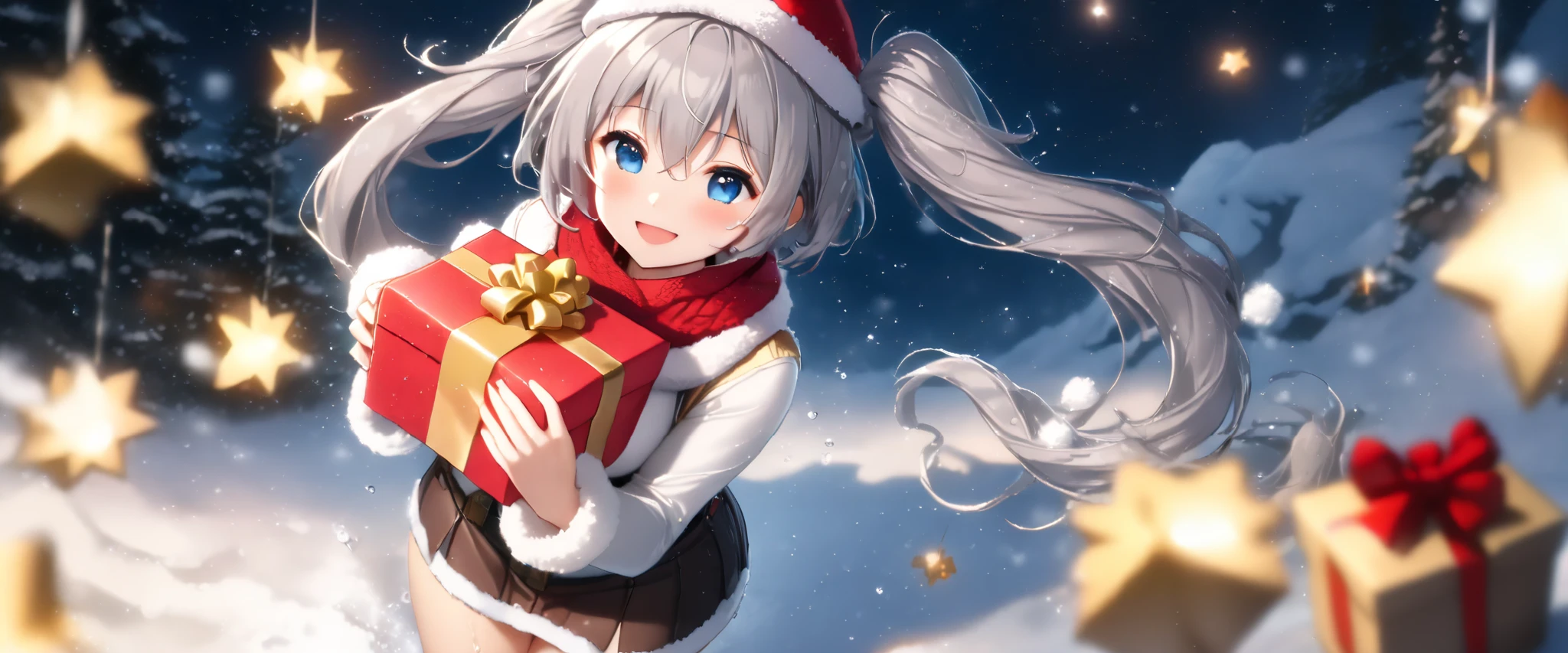 ((Top quality)), ((masterpiece)), (details), High resolution, super detailed, very detailed CG Unity 8k wallpaper, real, photorealistic, Beautiful fine face, detailed face. Pale skin, realistic shining skin. Detailed fabric texture, detailed hair texture. (Eyes with attention to beautiful details: 1.5), (Small hand), ((perfect hand)). Slim legs, detailed legs. ((Perfect Anatomy)). Perfect lighting.
Break
Kashima (kancolle),
Kashima (fleet girl’s collection),
(Gray hair:1.5), Medium Hair, wavy Hair, (twin tails:1.5),
(blue eyes:1.2), Turime, fishing eyes,
((Big smile:1.2)),eye closed,
(Slender: 1.1), (big chest: 1.2),
(Most big butt: 1.3), (Fluffy thighs: 1.1), (moist eyes: 1.3), open her mouth (masterpiece: 1.3), (short hair: 1.5), the feel of wet skin,
Scarf, knitted hat, Santa costume in a mini skirt, very delicate depiction of hair, focus on the upper body, emphasize large breasts, A gift holding in both hands and sticking it forward,
Break.
Gorgeous night snow scene, dynamic pose, (composition captured from the subject directly above: 1.9),