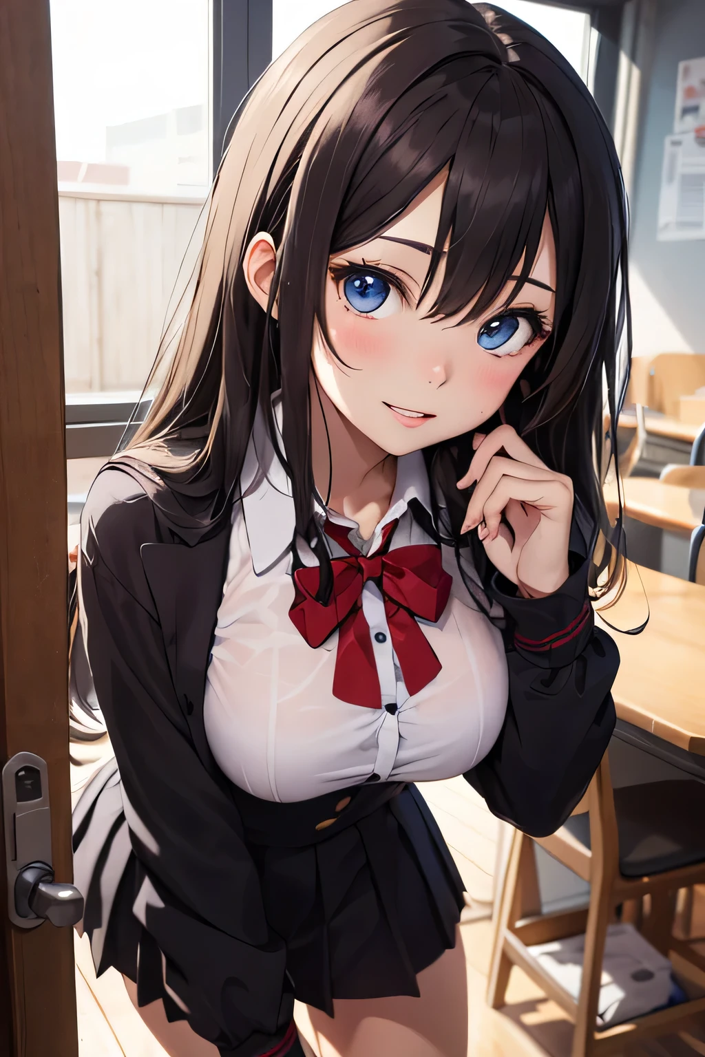 masterpiece, highest quality, One Girl, 12 years old、Thighs, beautiful girl, Flowers, たくさんの小さなflowerびら, flower、Small waist, RAWphotograph,Bright lighting、Face Light, Ultra-realistic, High resolution, photograph, Sharp focus, Highly detailed eyes and face,Symmetrical face, whole body、Large Breasts、Long Hair、チラリと見えるThighs、Emphasized cleavage、Red mini skirt、White high heels、White lace shirt、Brown cardigan、Big red ribbon、White sneakers、Red School Bag、Shooting from below、Morning Glow