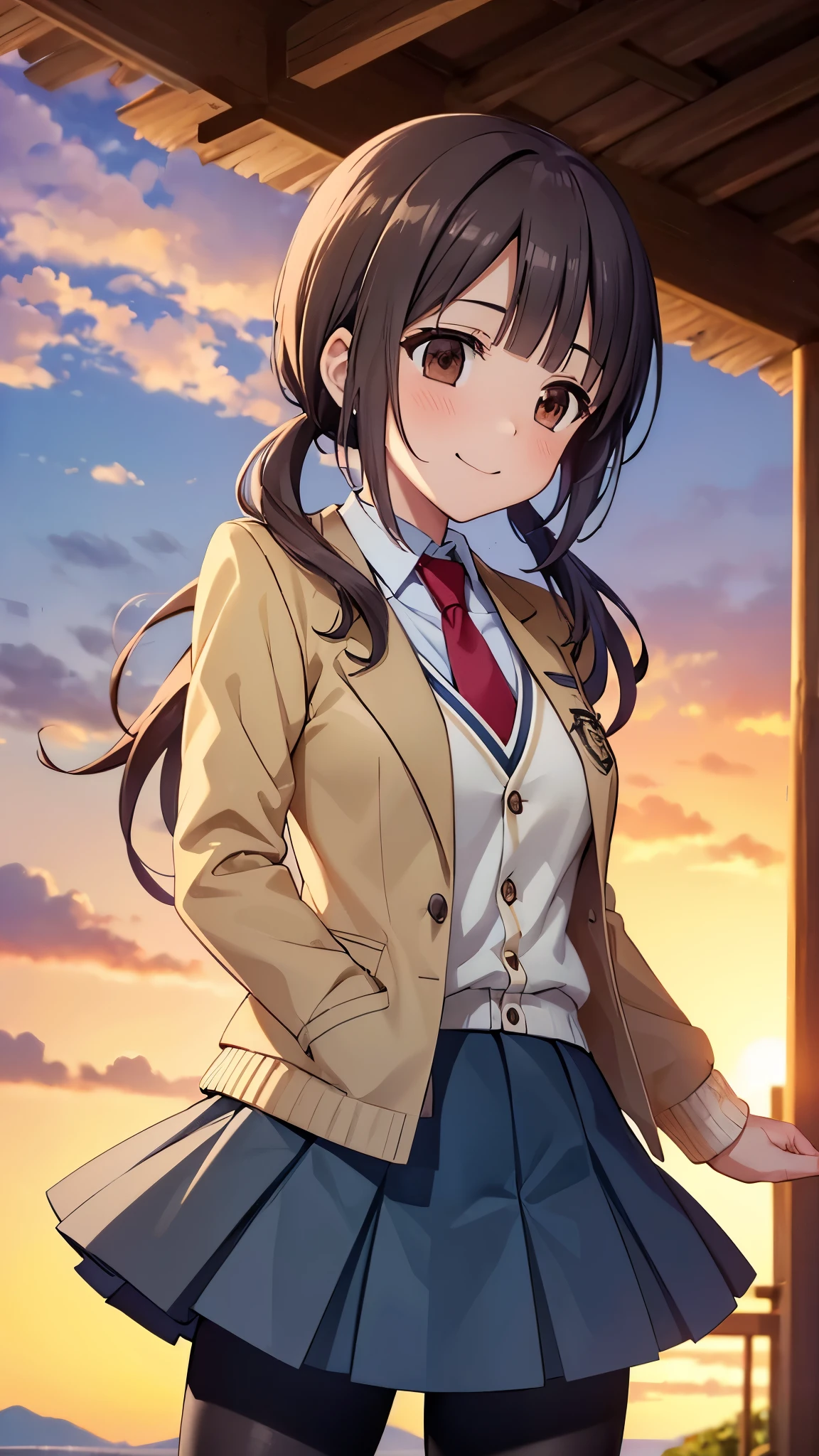 ((Tabletop, highest quality, High resolution, , Perfect Pixel, 4K,))), 1 high school girl, single, alone, beauty、The whole body is visible、 ((Mid-wave hair, bangs, Brown Hair)), ((Brown eyes, Beautiful eyelashes, Realistic eyes)), ((Detailed face, Blushing:1.2)), ((Smooth texture:0.75, Realistic texture:0.65, Realistic:1.1, Anime CG Style)), Medium Chest, Dynamic Angle, Perfect body, ((Red bow tie, , Black jacket, Open jacket, Brown cardigan, White shirt, Black Skirt, Check skirt)), 、、Very embarrassing panic smile, looked back、Leaning forward、The wind is blowing and my underwear is completely visible、Touch your buttocks with both hands、White and pink floral lace panties、Angle from below)、