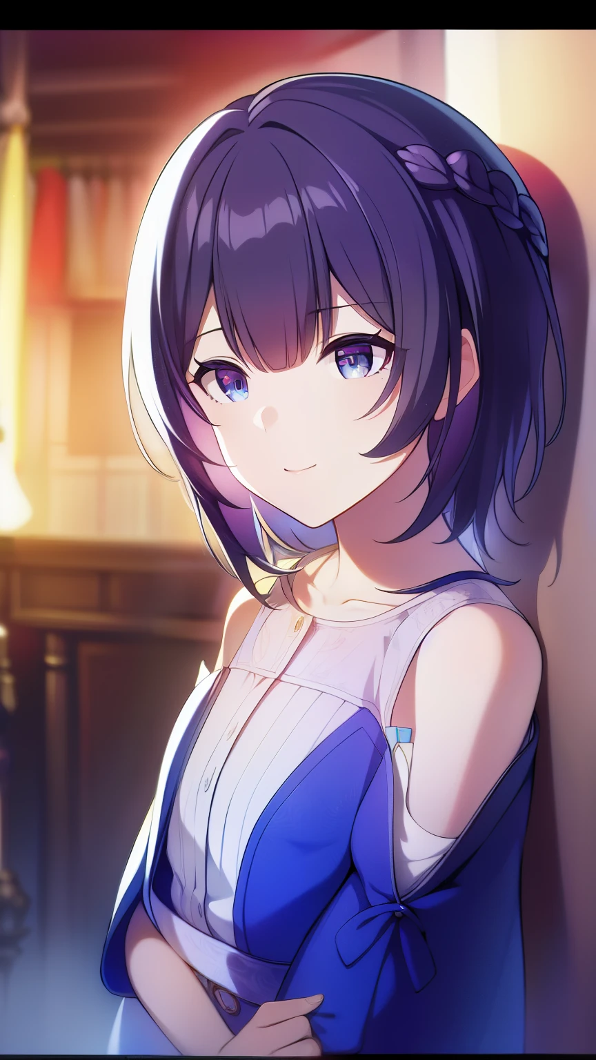 morino_kotomi, solo, black blue hair, short to medium hair, pink jacket, cerulean blue eyes, visual novel cg style, flat smiling, BREAK looking at viewer, BREAK (masterpiece:1.2), best quality, high resolution, unity' 8k wallpaper, (illustration:0.8), (beautiful detailed eyes:1.6), extremely detailed face, perfect lighting, extremely detailed CG, (perfect hands, perfect anatomy)