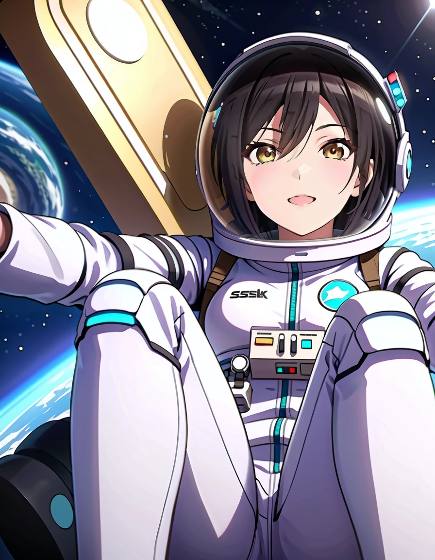 (spacesuit:1.15), white cargo pants, astronaut)bubble helmet, space helmet, white gloves , , looking close at you, outer space, floating, masterpiece, best quality, 1girl, beautiful,  image from below, solo, , shirase sakuya, srssky, black hair, straight hair, bangs, yellow eyes, large breasts, happy, difficulty breathing, saluting, fullbody