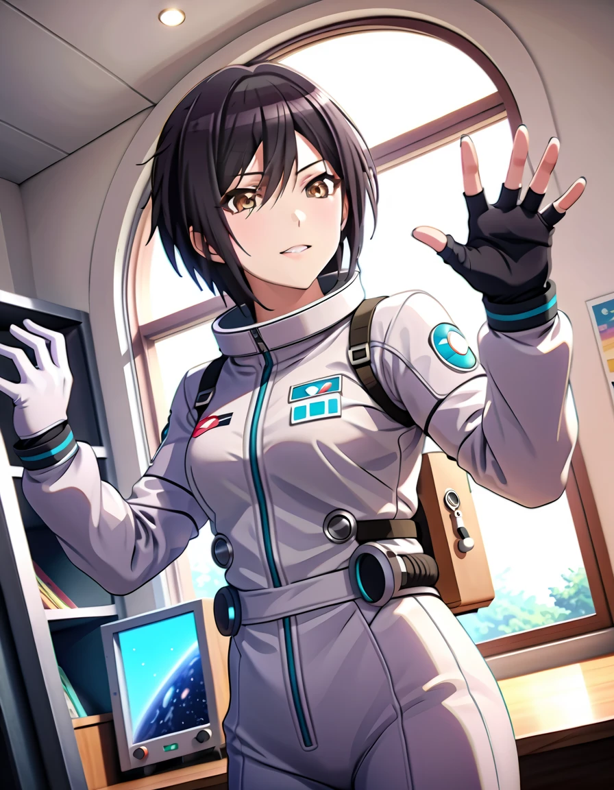 (spacesuit:1.15), white cargo pants, astronaut)bubble helmet, space helmet, white gloves , , looking close at you, classroom, sunlight from the windows, standing, masterpiece, best quality, 1girl, beautiful,  image from below, solo, , shirase sakuya, srssky, black hair, straight hair, bangs, yellow eyes, large breasts, happy, winking, waving, fullbody